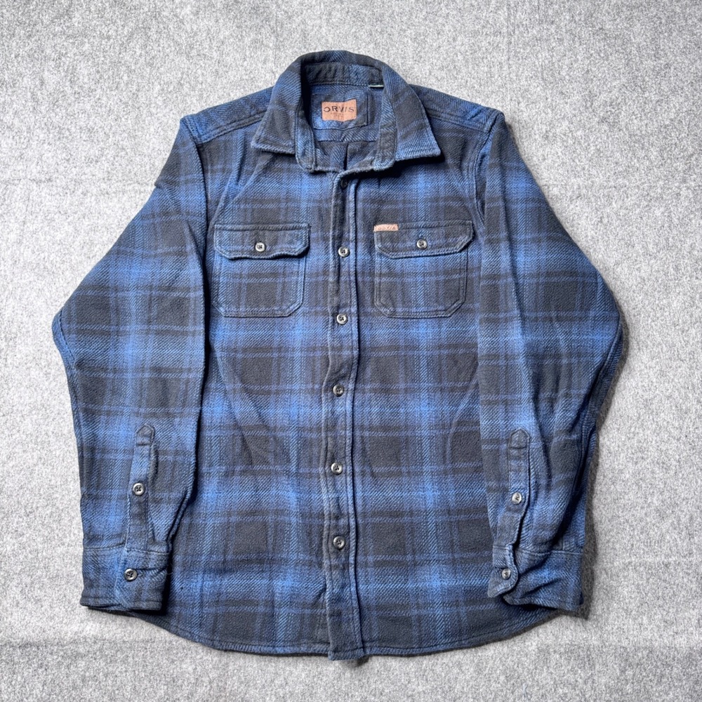 Orvis Mens Blue Black Plaid Cotton Flannel Shirt Jacket Side Pockets Size Medium